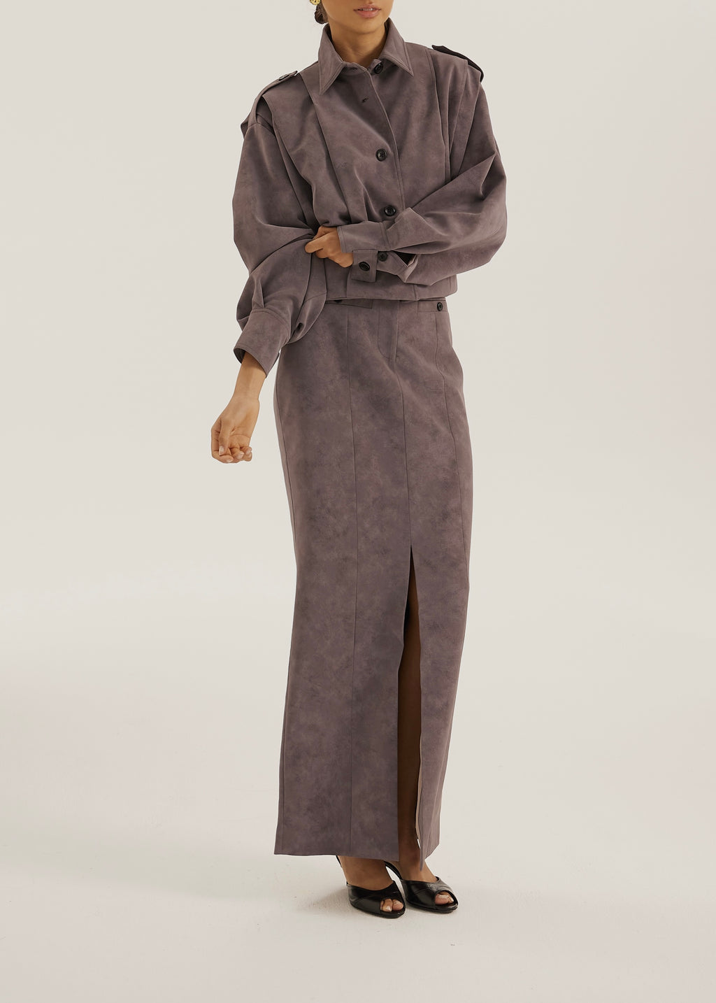 Amelia Faux Suede Pencil Skirt | Mauve Grey