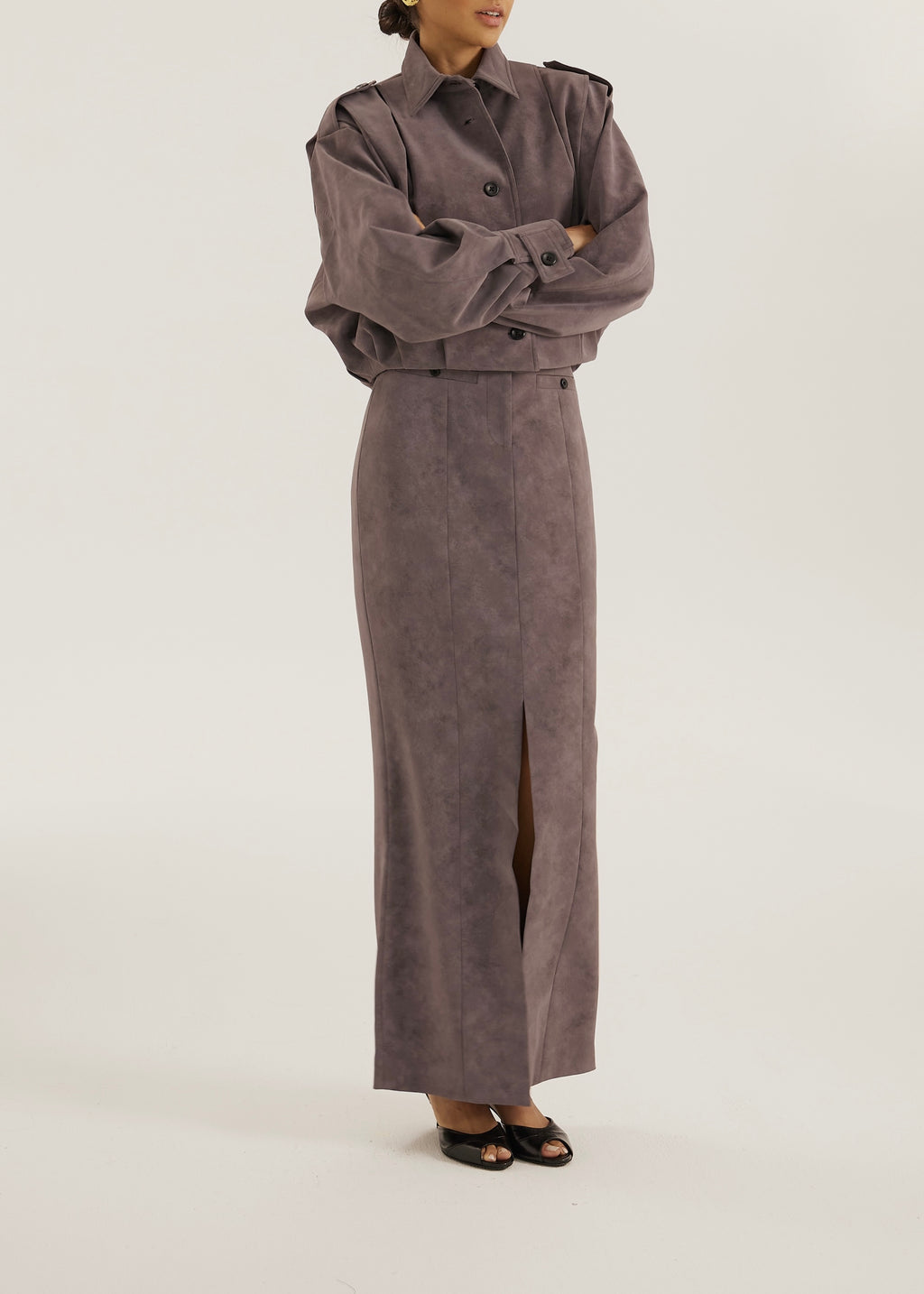 Amelia Faux Suede Pencil Skirt | Mauve Grey