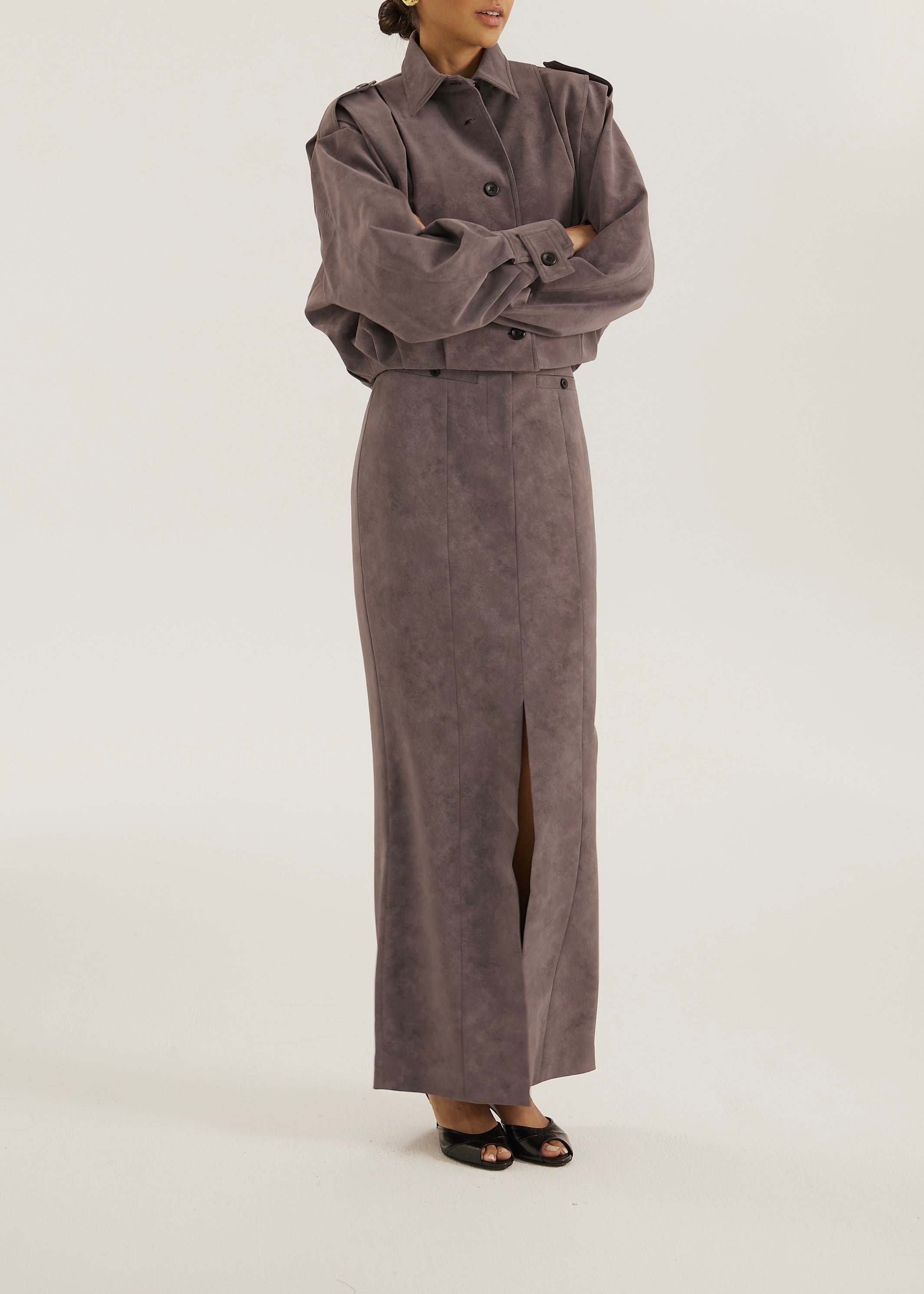 Amelia Faux Suede Pencil Skirt | Mauve Grey