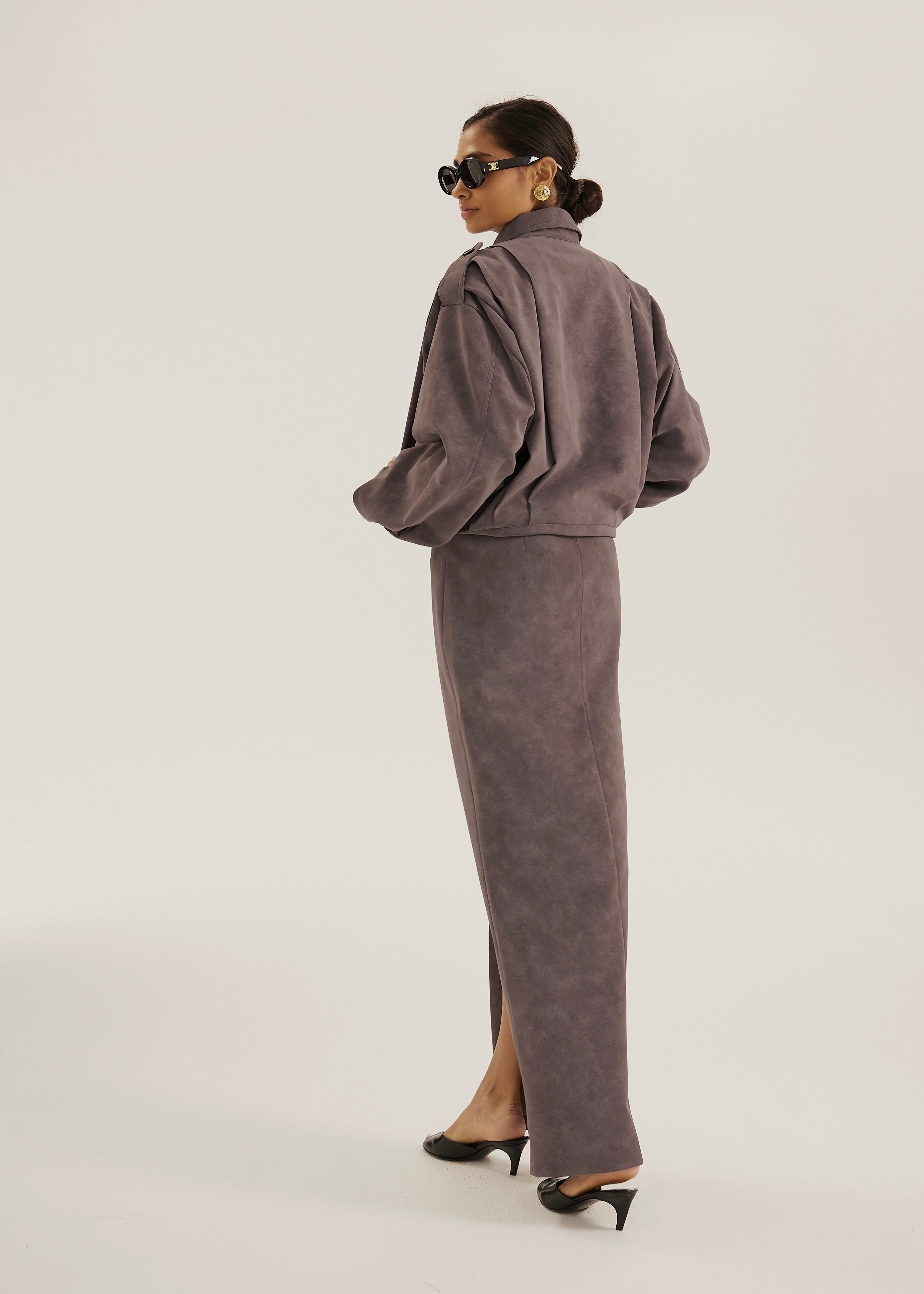 Amelia Faux Suede Pencil Skirt | Mauve Grey