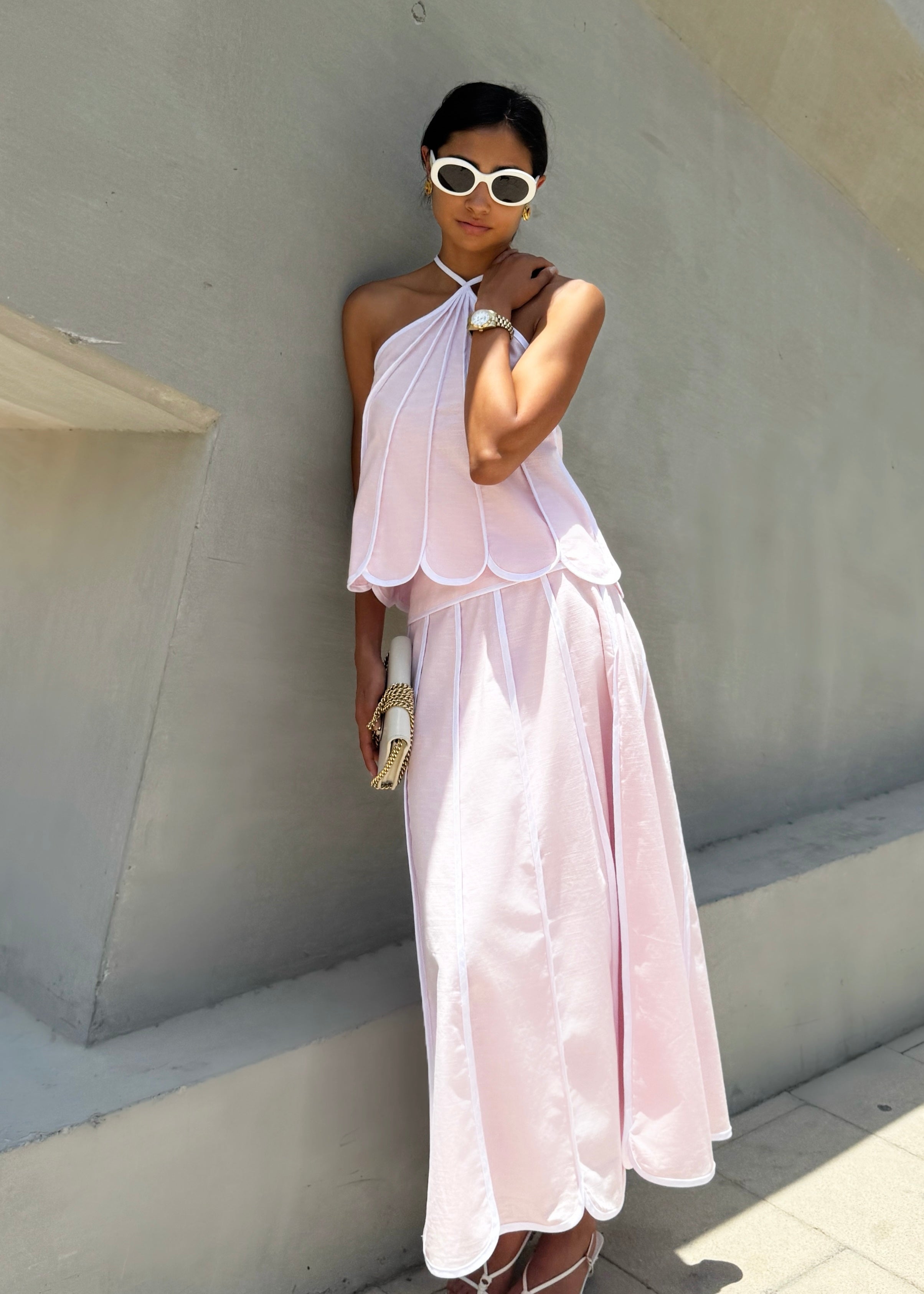Avina Panelled Resort Maxi Skirt | Pastel Candy Pink/White – VITA