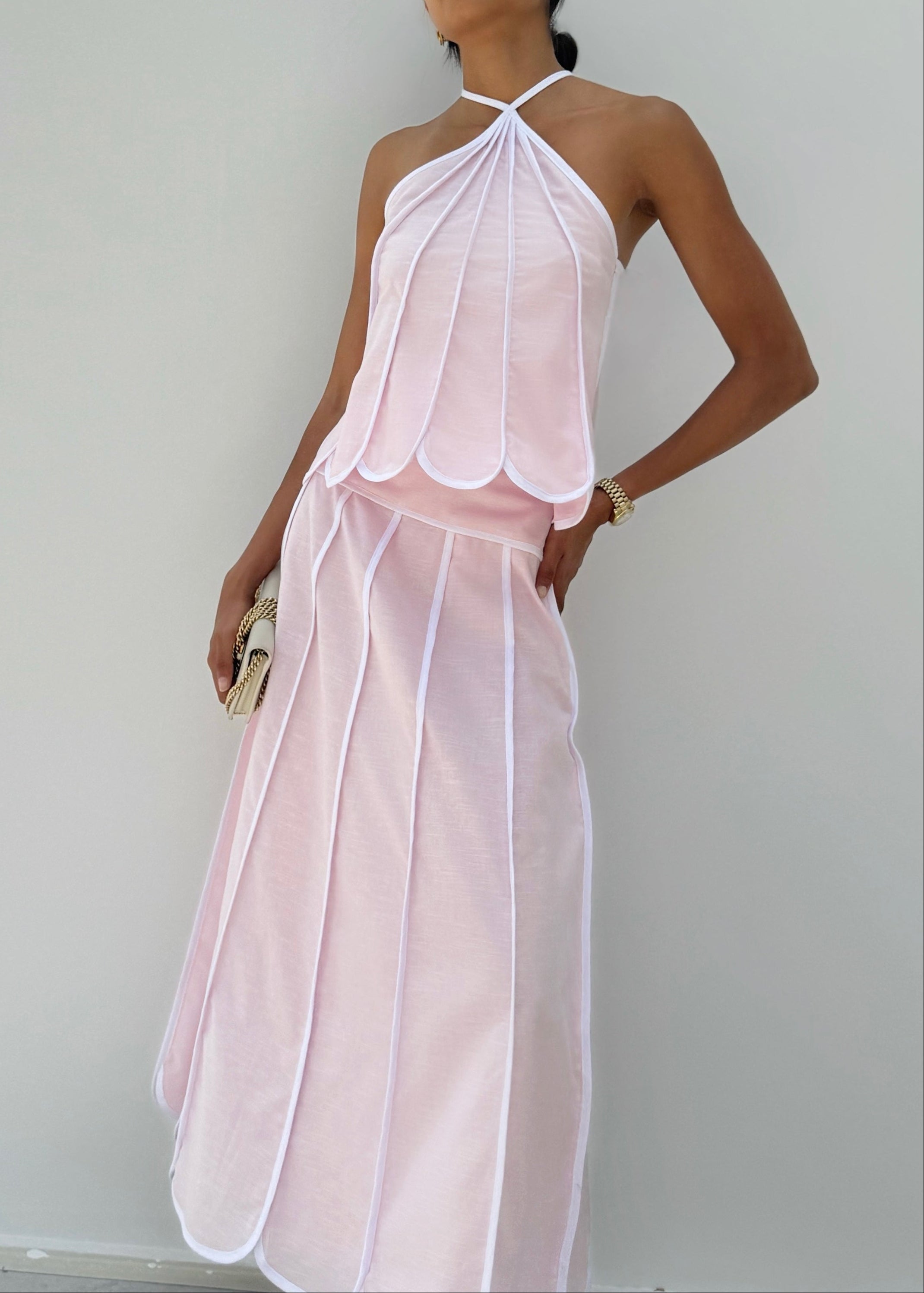 Avina Panelled Resort Maxi Skirt | Pastel Candy Pink/White