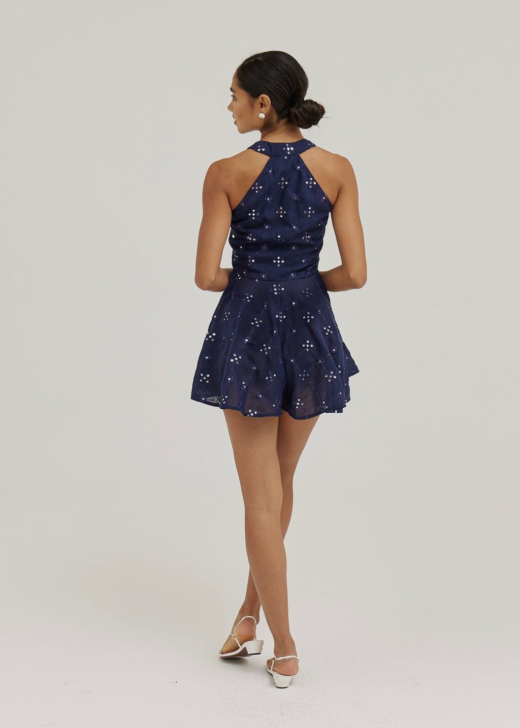 Natasha Mirror Embroidered Linen Playsuit | Navy
