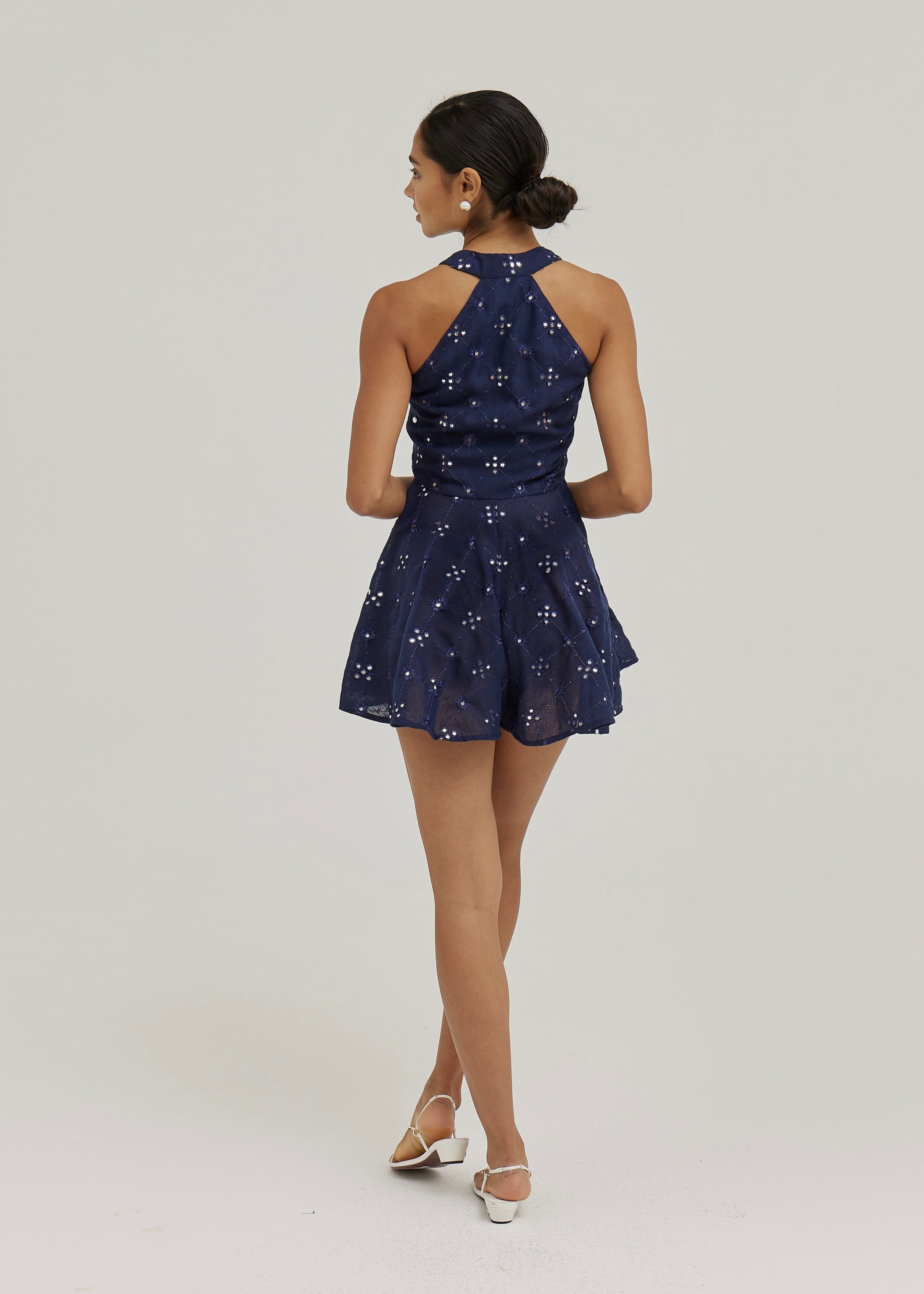 Natasha Mirror Embroidered Linen Playsuit | Navy