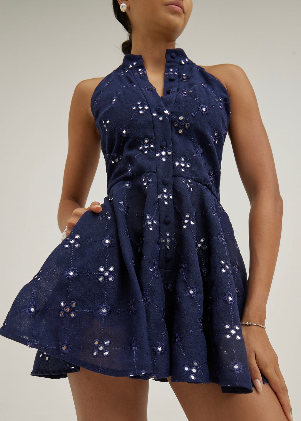 Natasha Mirror Embroidered Linen Playsuit | Navy