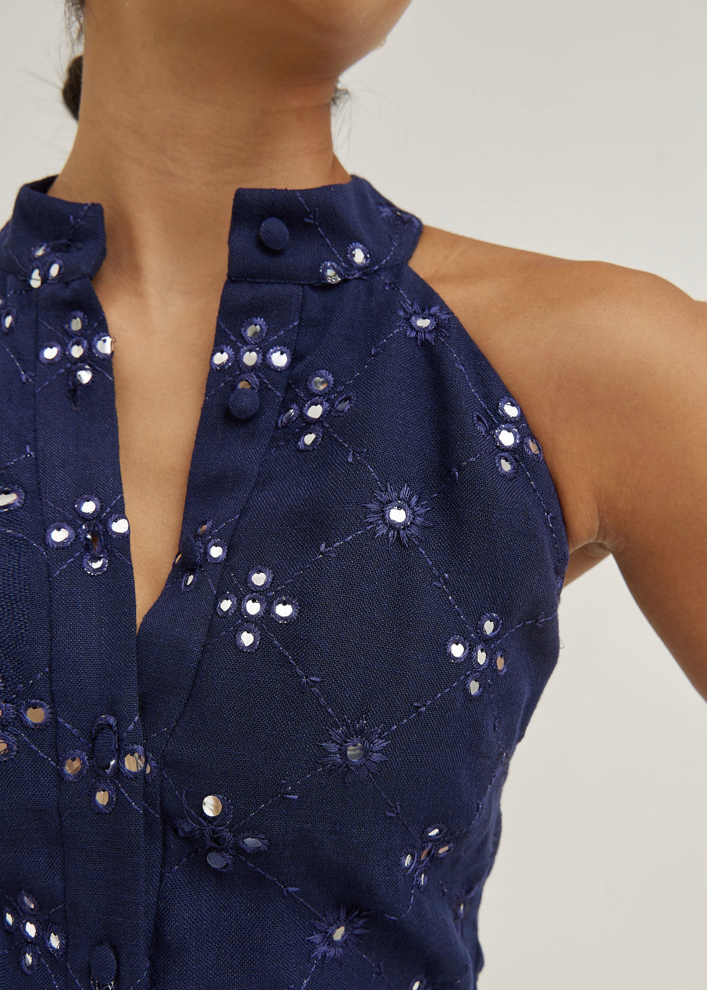 Natasha Mirror Embroidered Linen Playsuit | Navy