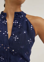 Natasha Mirror Embroidered Linen Playsuit | Navy