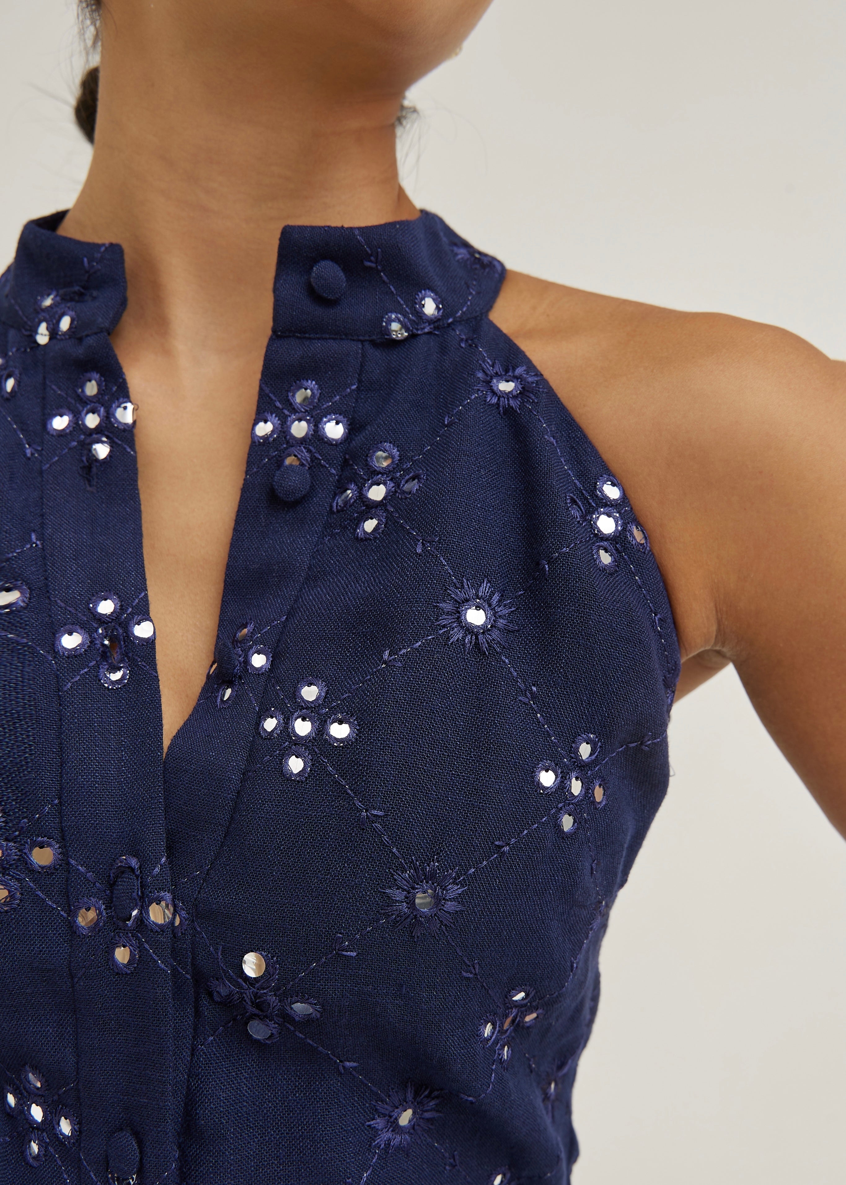 Natasha Mirror Embroidered Linen Playsuit | Navy