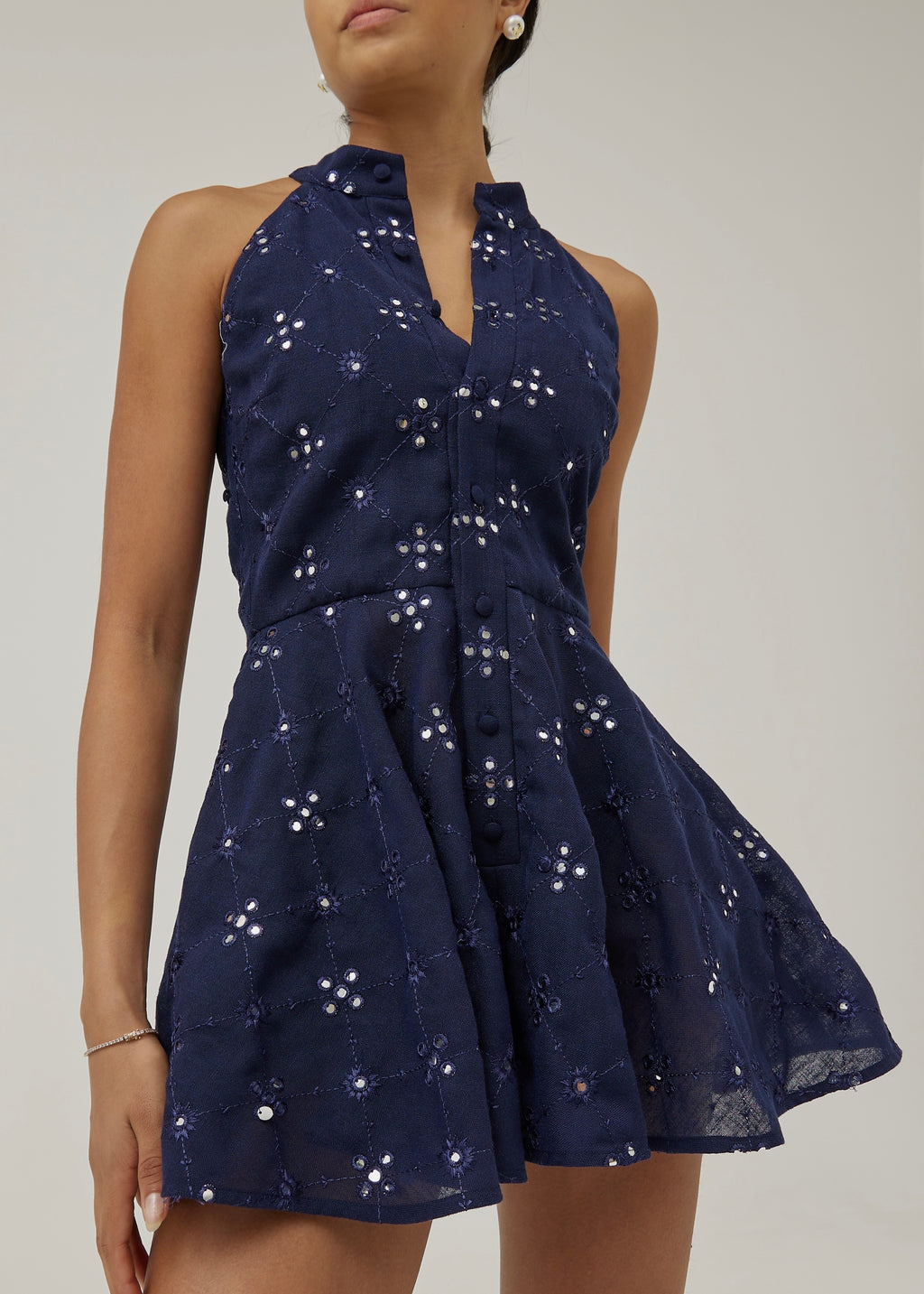 Natasha Mirror Embroidered Linen Playsuit | Navy