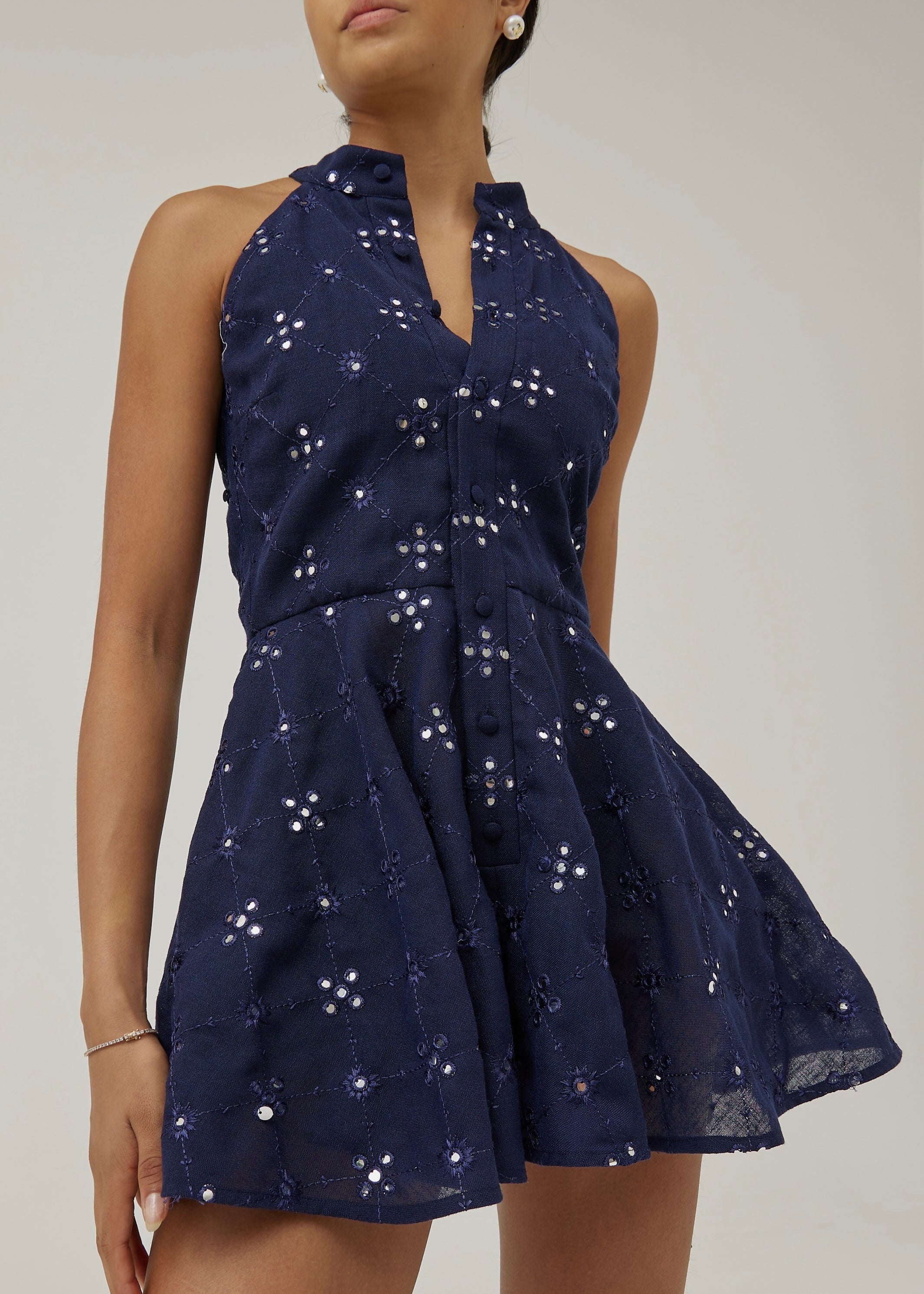 Natasha Mirror Embroidered Linen Playsuit | Navy