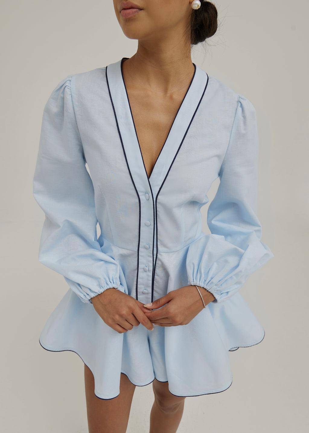 Leila Linen Skort Playsuit With Contrast | Pale Blue/Navy