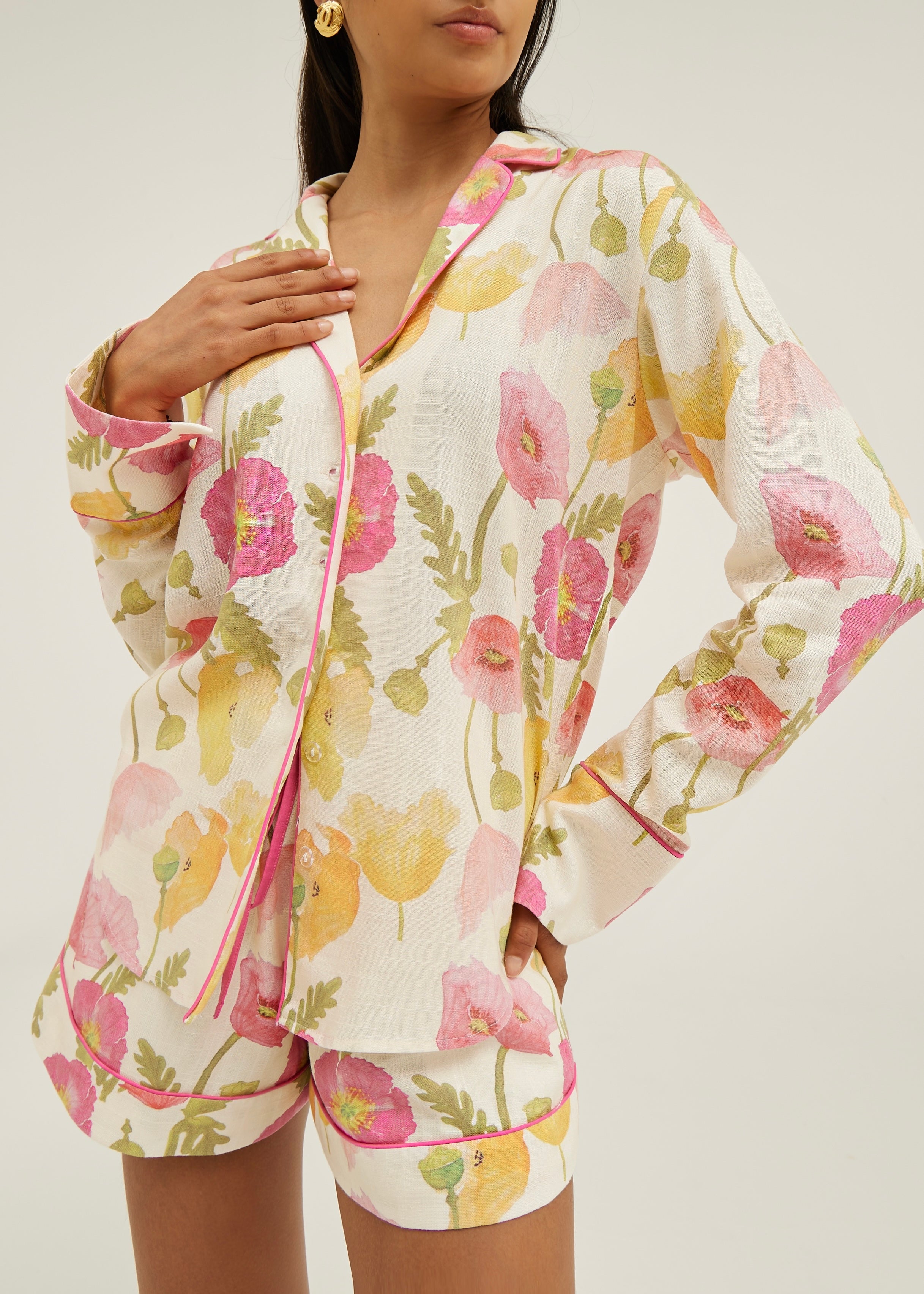 Krista Floral Linen Shirt | White/Pink