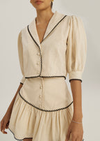 Fern Contrast Trim Linen Blouse | Beige/Black