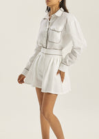 Teena Contrast Linen Pleated Shorts | White/Taupe