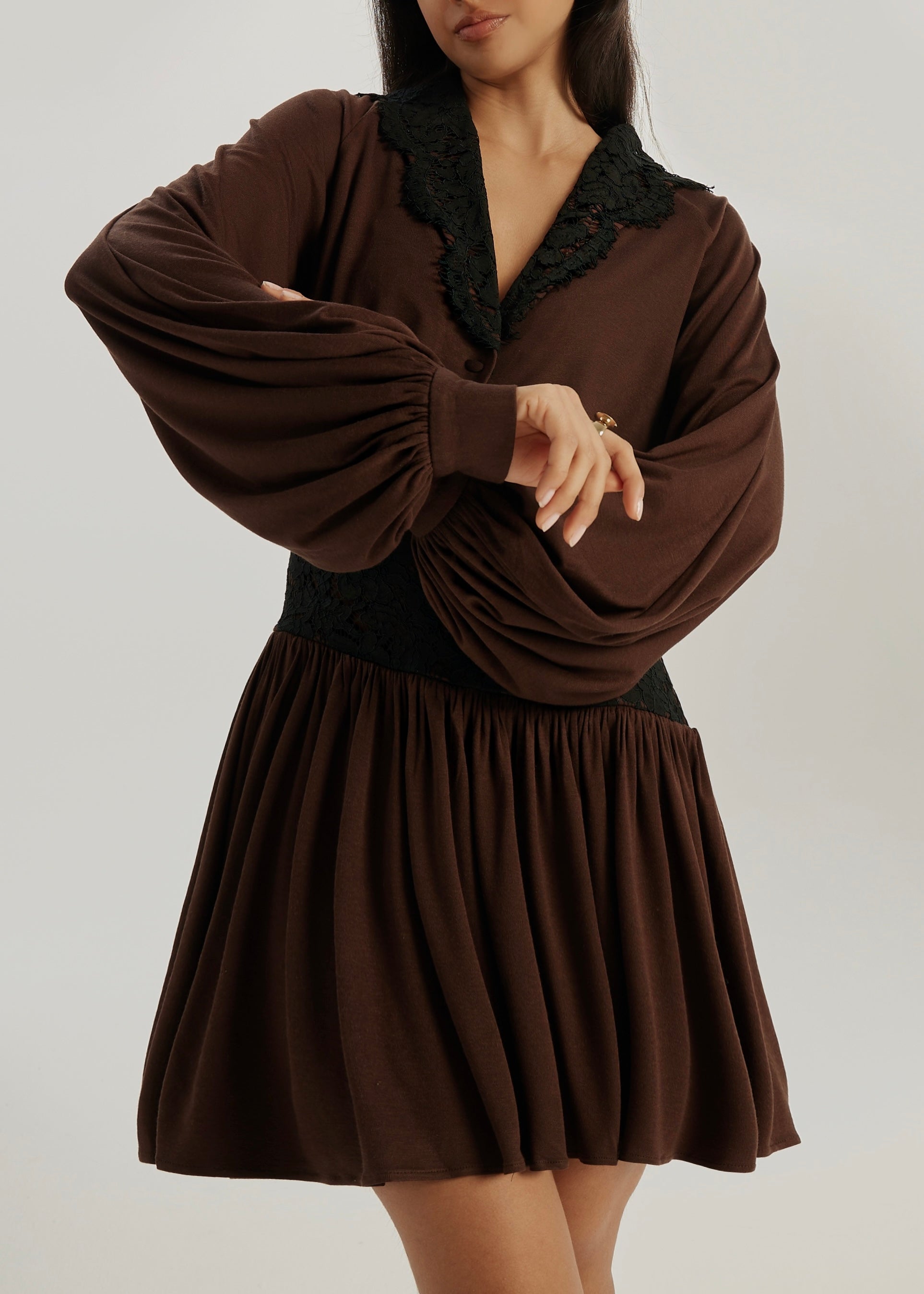 Emmie Jersey & Lace Blouse | Espresso