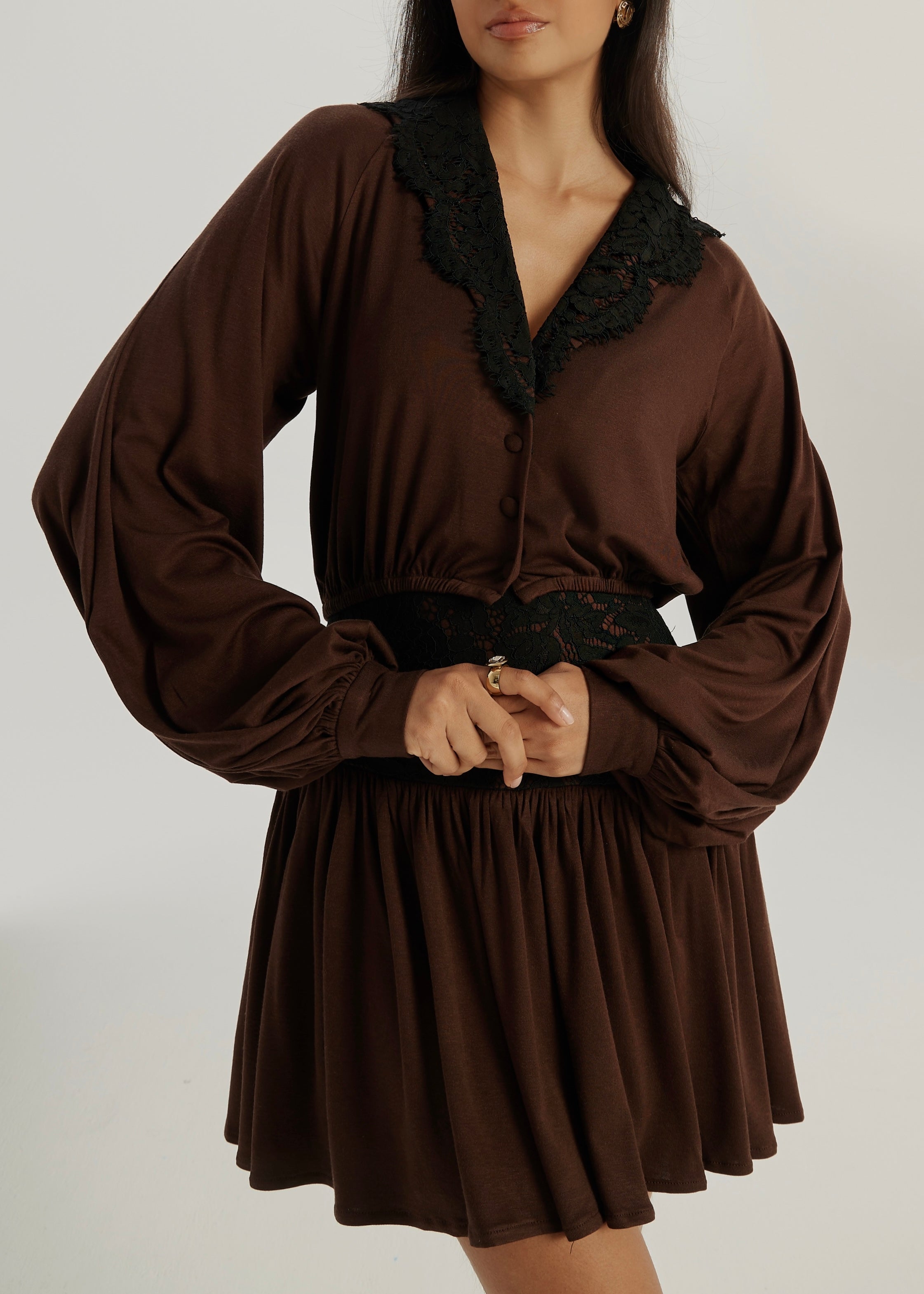 Emmie Jersey & Lace Blouse | Espresso