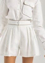 Teena Contrast Linen Pleated Shorts | White/Taupe
