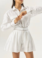 Teena Contrast Linen Pleated Shorts | White/Taupe