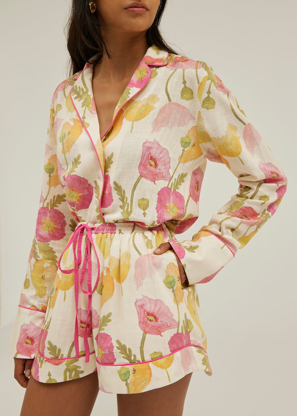 Krista Floral Linen Shirt | White/Pink