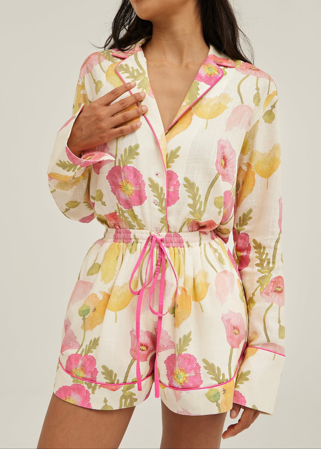 Krista Floral Linen Shirt | White/Pink