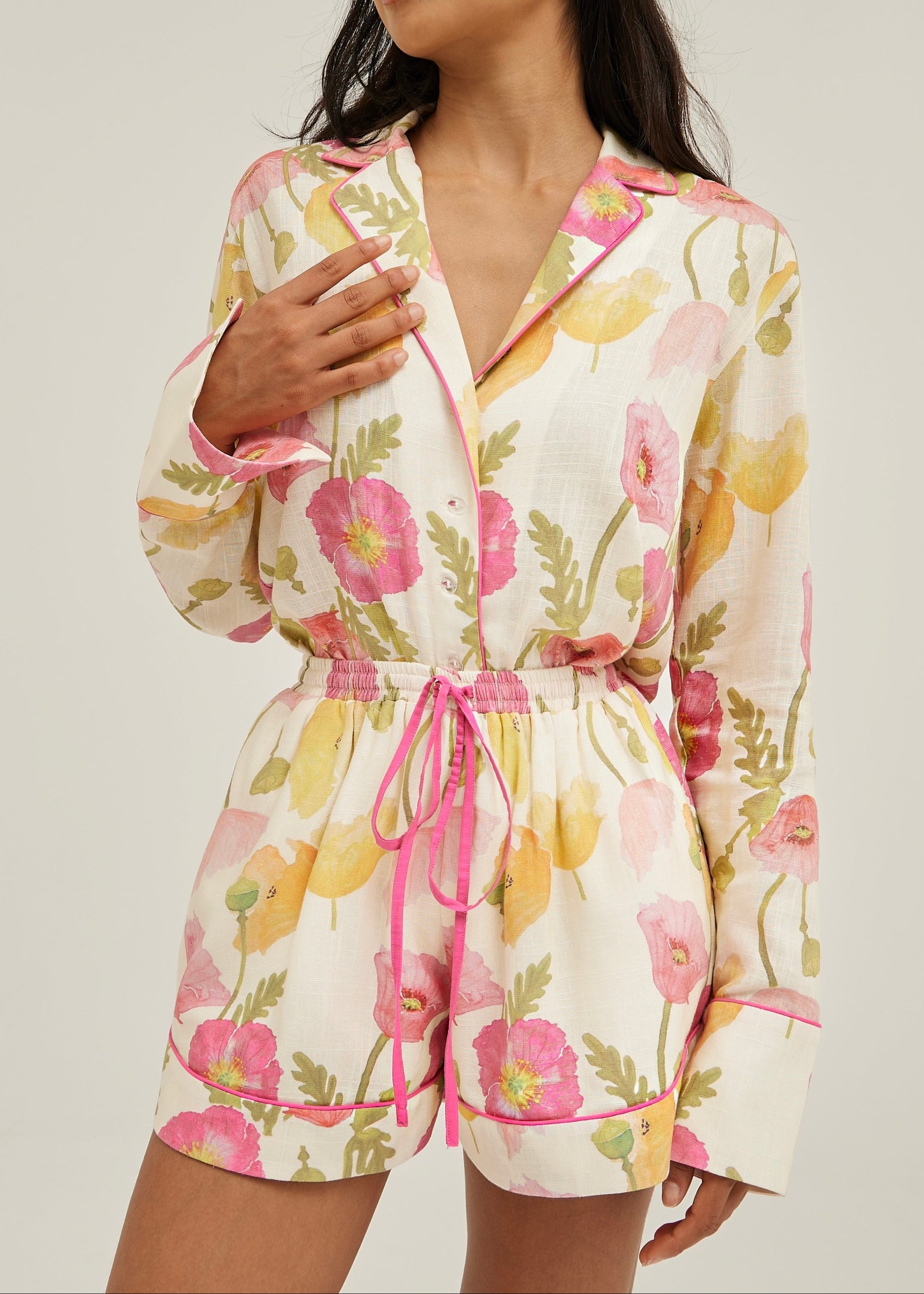 Krista Floral Linen Shirt | White/Pink