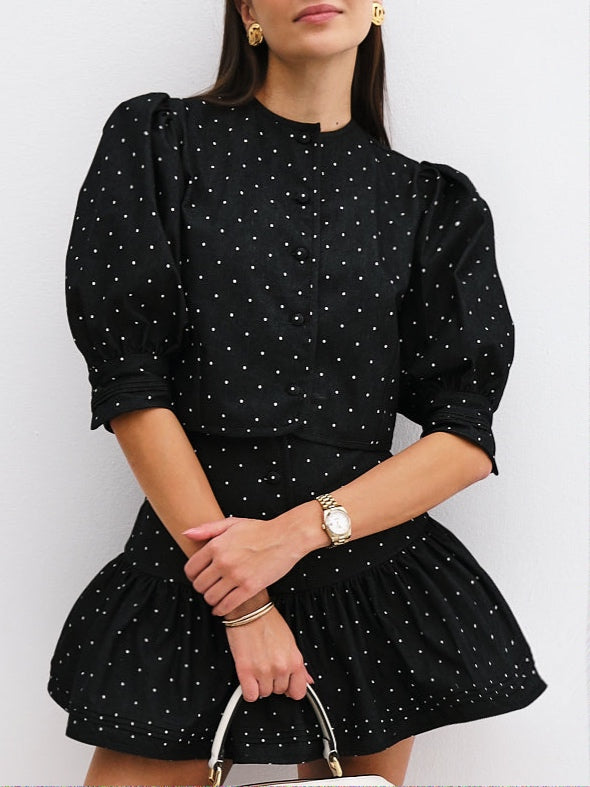 Mimi Polka Print Denim Top | Black/White