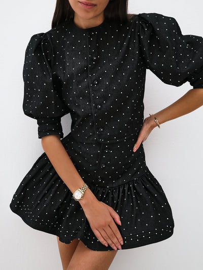 Mimi Polka Print Denim Top | Black/White