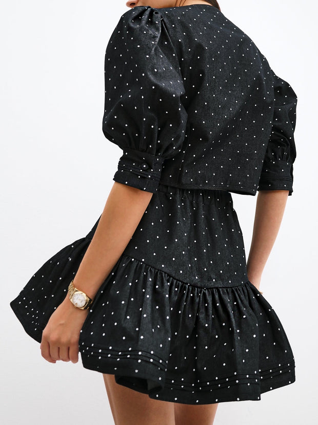 Mimi Polka Print Denim Top | Black/White