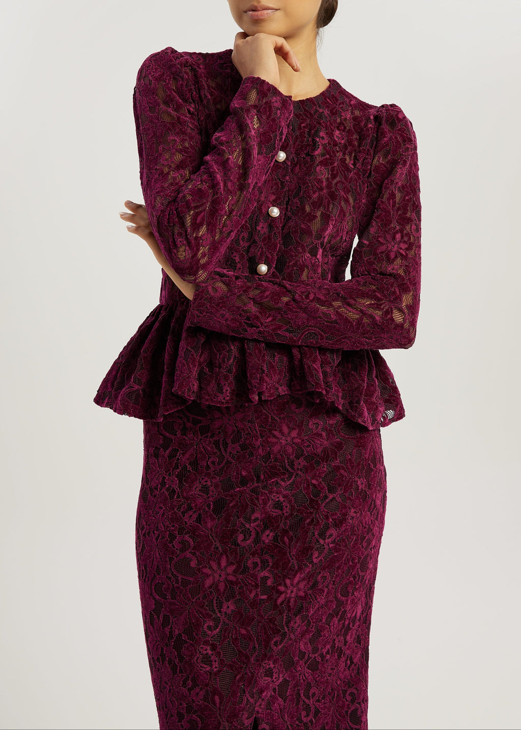 Daria Velvet & Lace Peplum Blouson | Plum