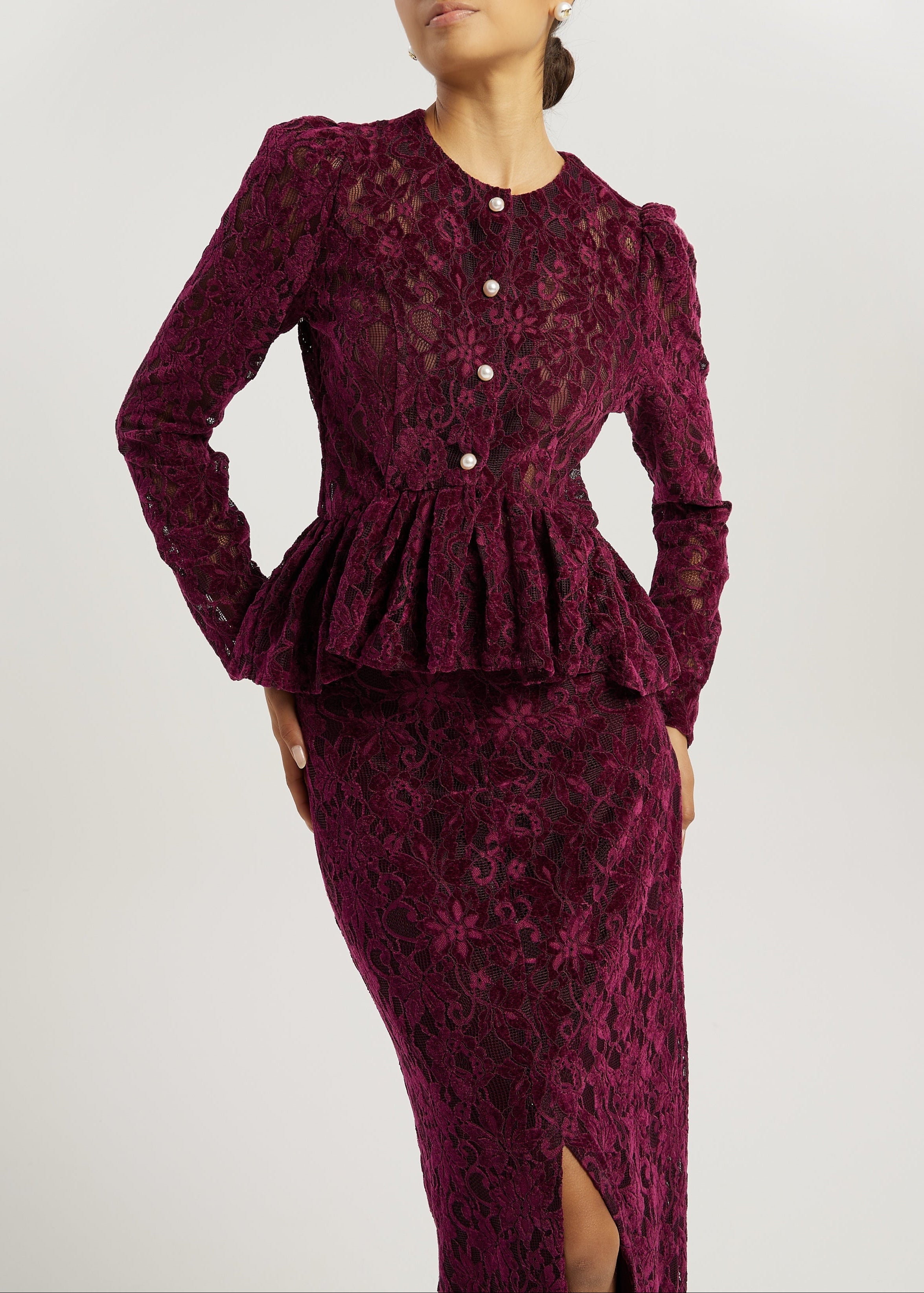 Daria Velvet & Lace Peplum Blouson | Plum
