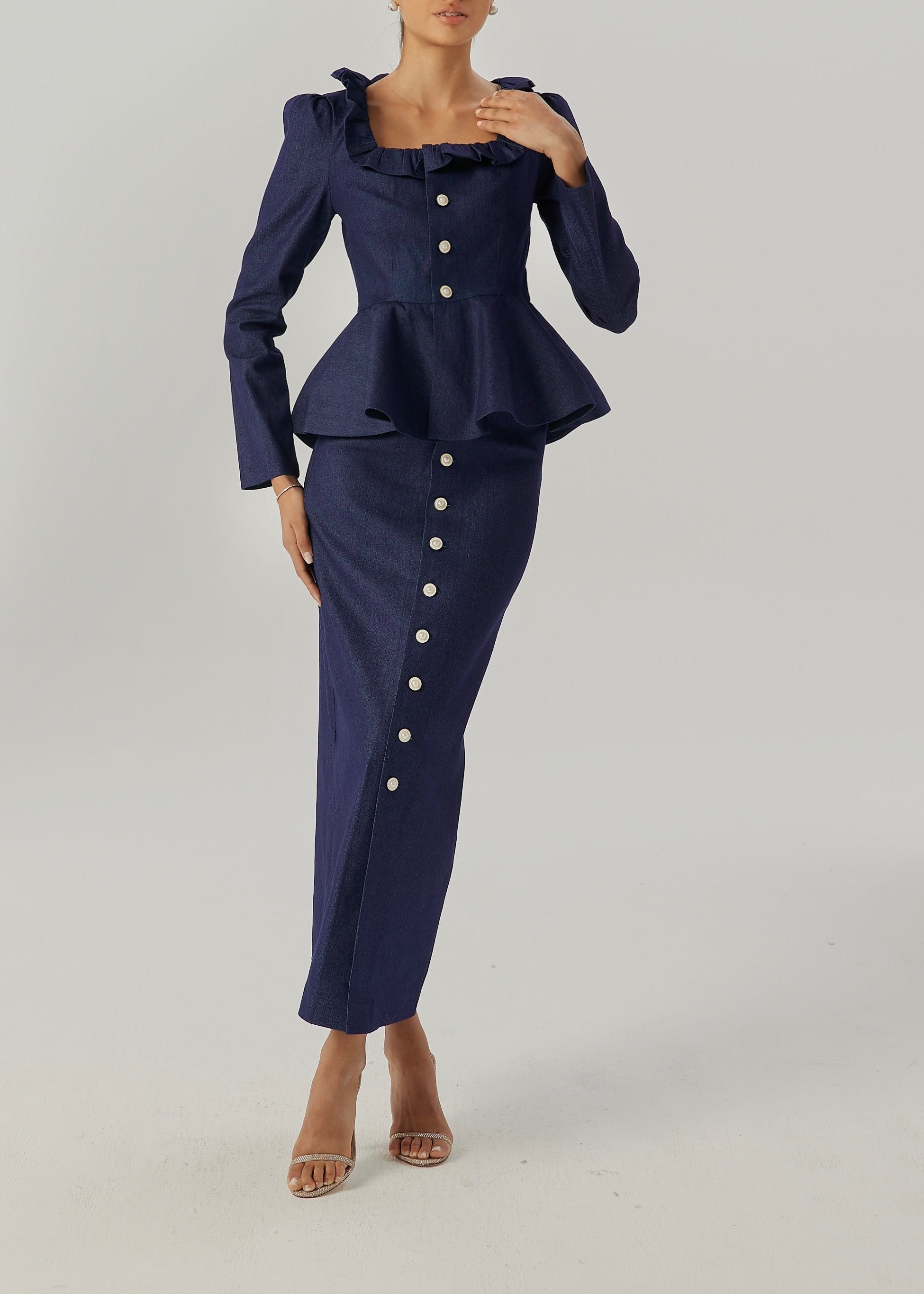 Lucia Pearl Button Denim Skirt | Denim Blue