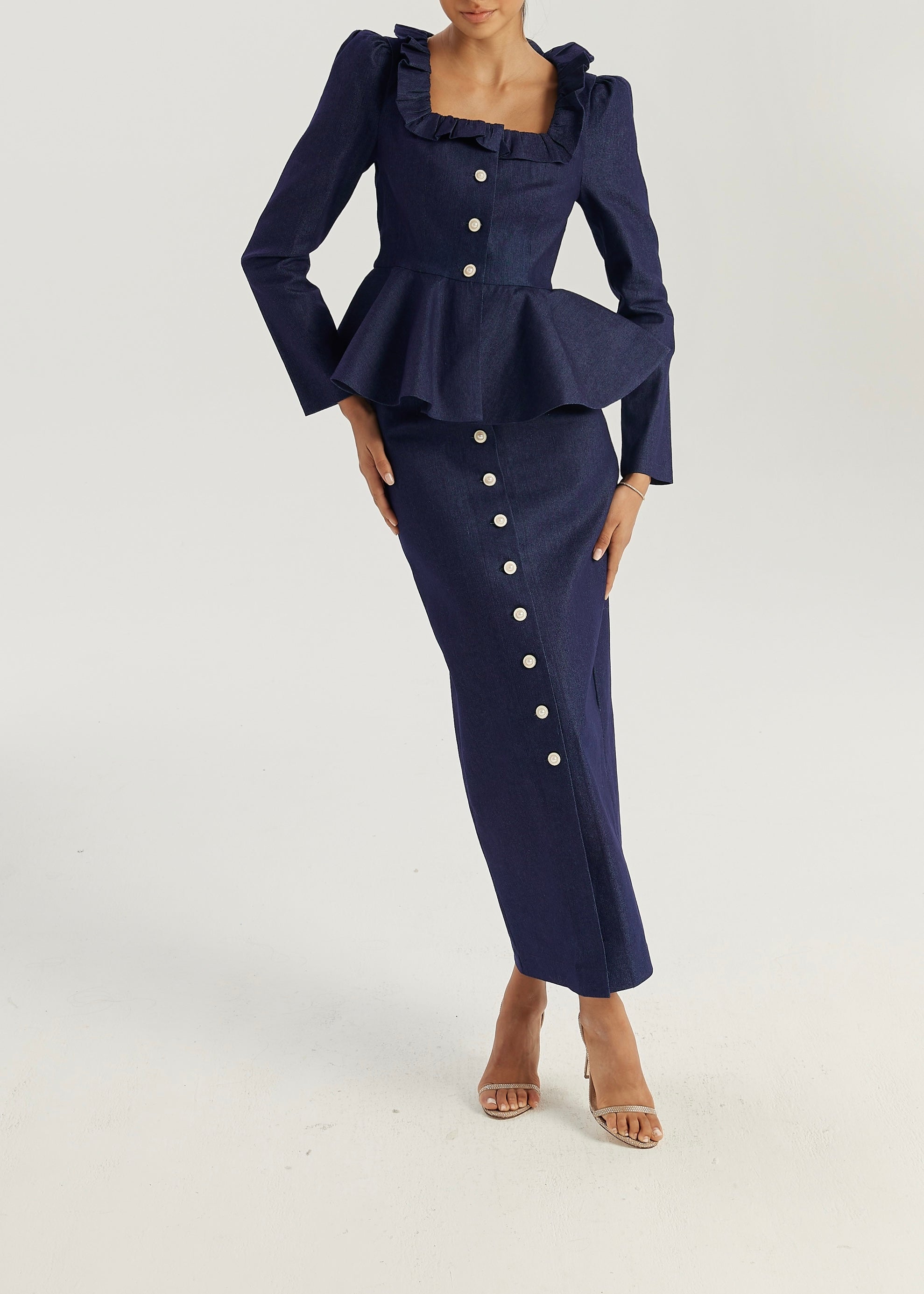 Lucia Frill Neck Denim Top | Denim Blue