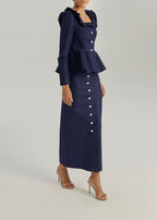 Lucia Pearl Button Denim Skirt | Denim Blue