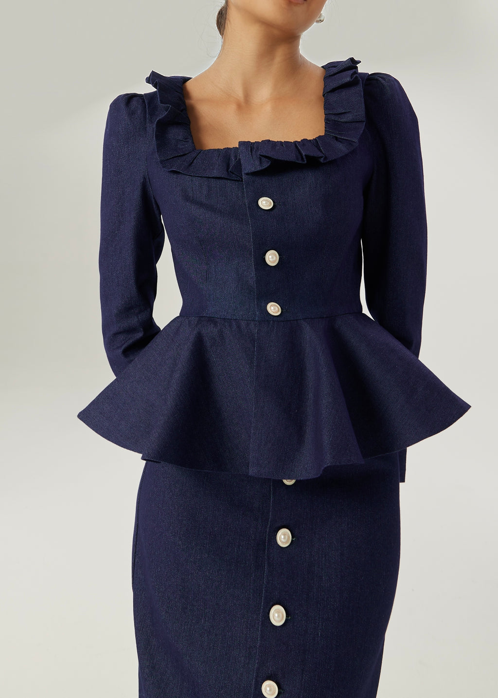 Lucia Frill Neck Denim Top | Denim Blue