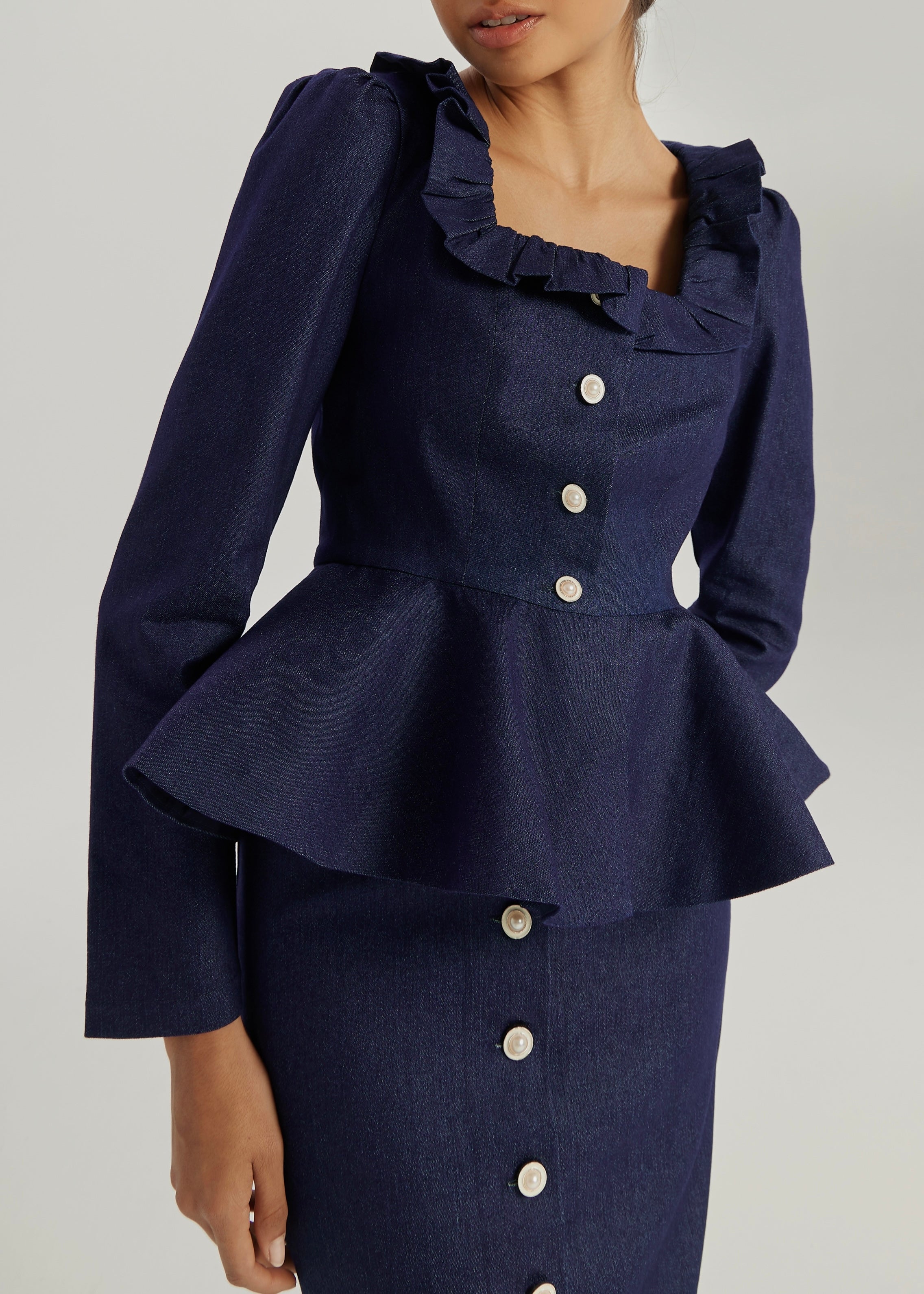 Lucia Frill Neck Denim Top | Denim Blue