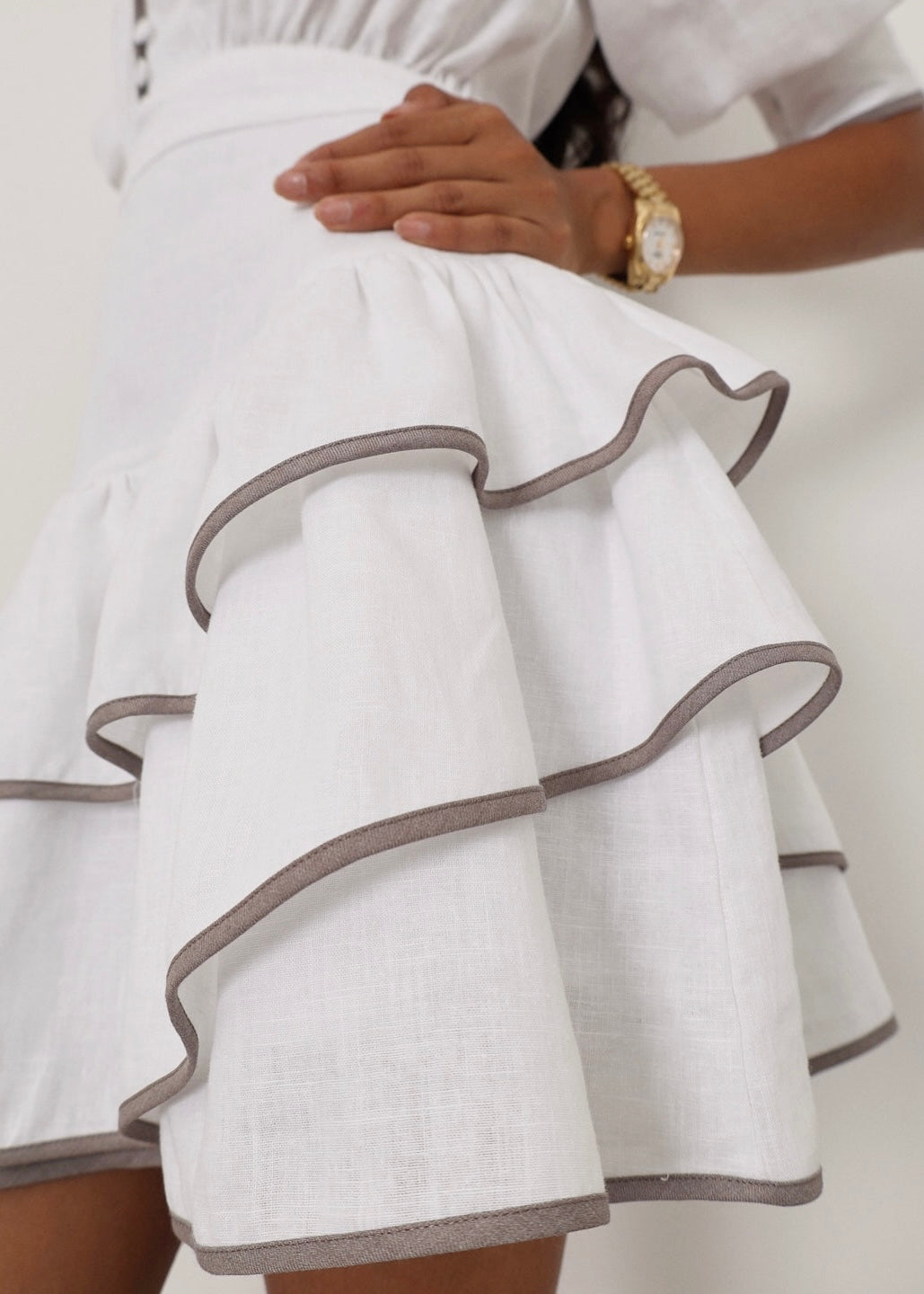 Cassidy Luxe Frill Dress | White/Taupe