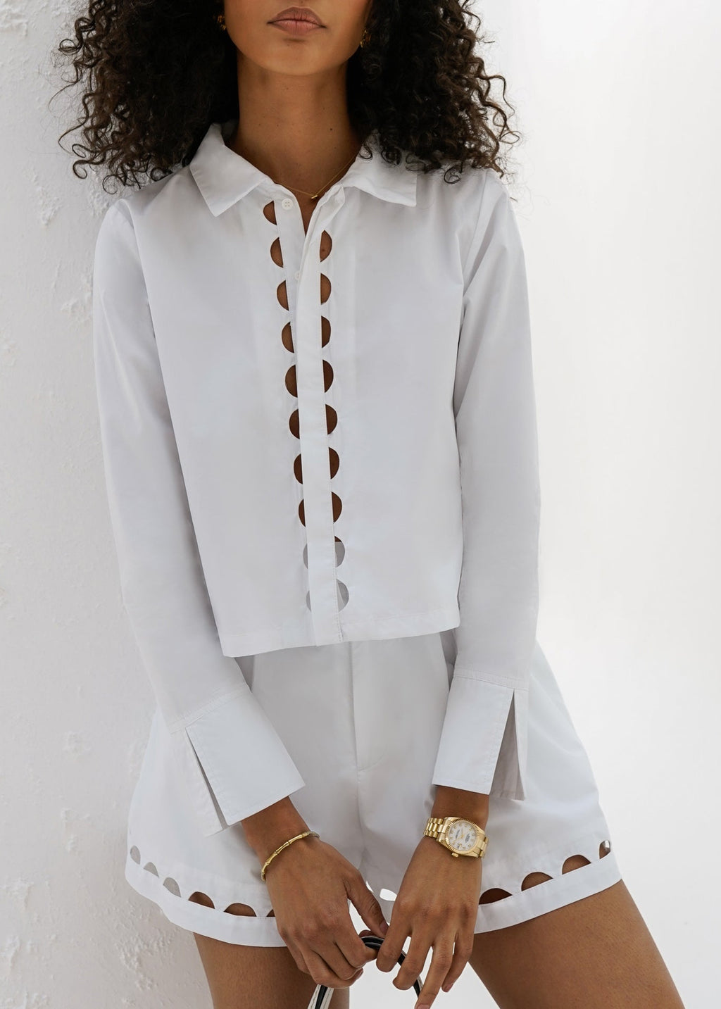 Gloria Cut Away Button Down Cotton Shirt | White