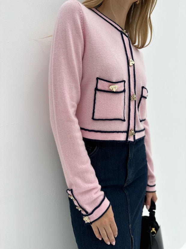 Rani Contrast Fine Knit Cardigan | Pink/Navy