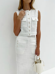 Selina Pearl Button Skirt | White