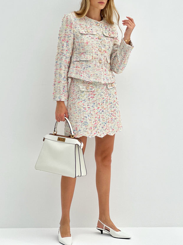 Elody Scallop Hem Tweed Skirt | White & Multi