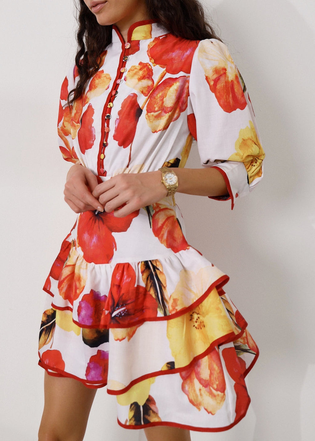 Cassidy Floral Linen Blend Dress | Red/Lemon