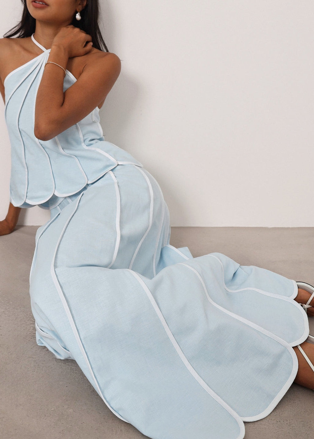 Avina Panelled Resort Maxi Skirt | Pastel Blue/White
