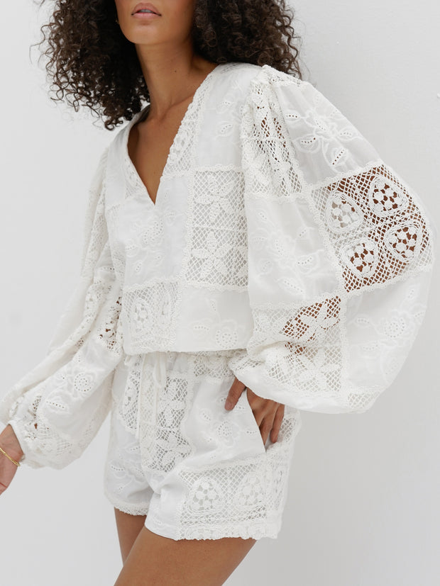 Irena Cotton & Guipure Lace Top | Ivory