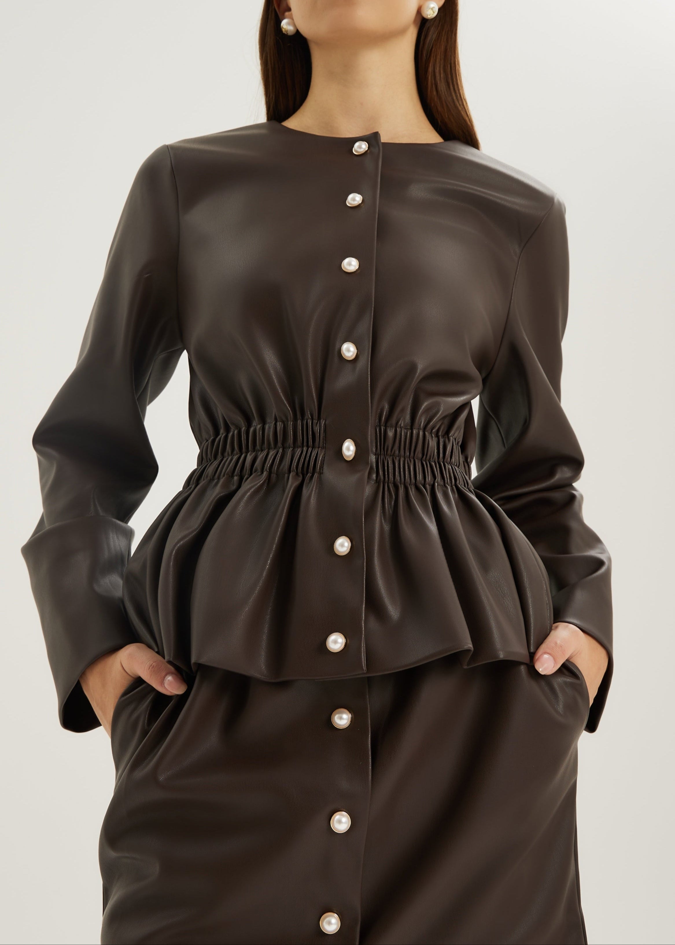 Karly Pearl Button Cinch Jacket | Dark Brown