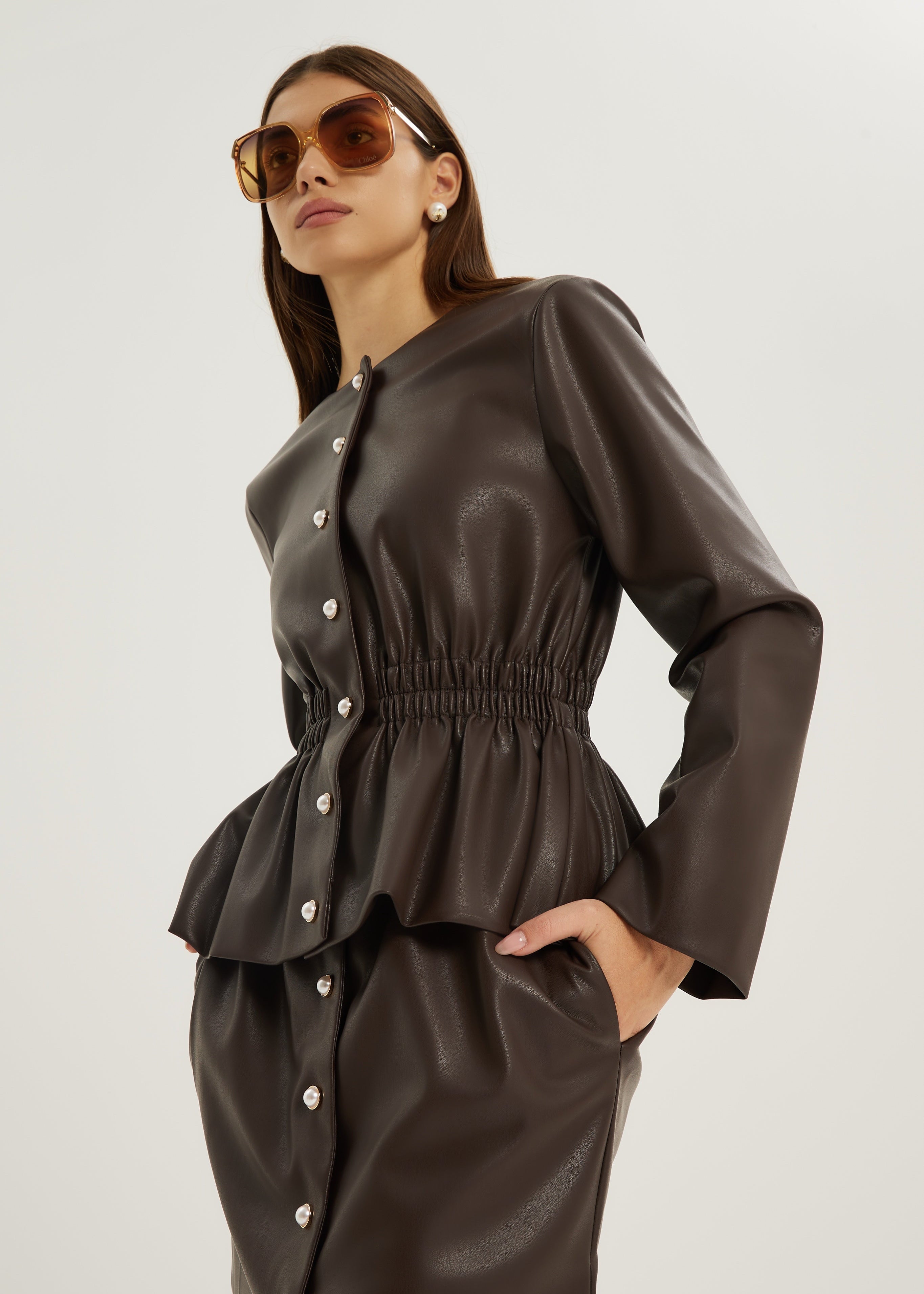Karly Pearl Button Cinch Jacket | Dark Brown