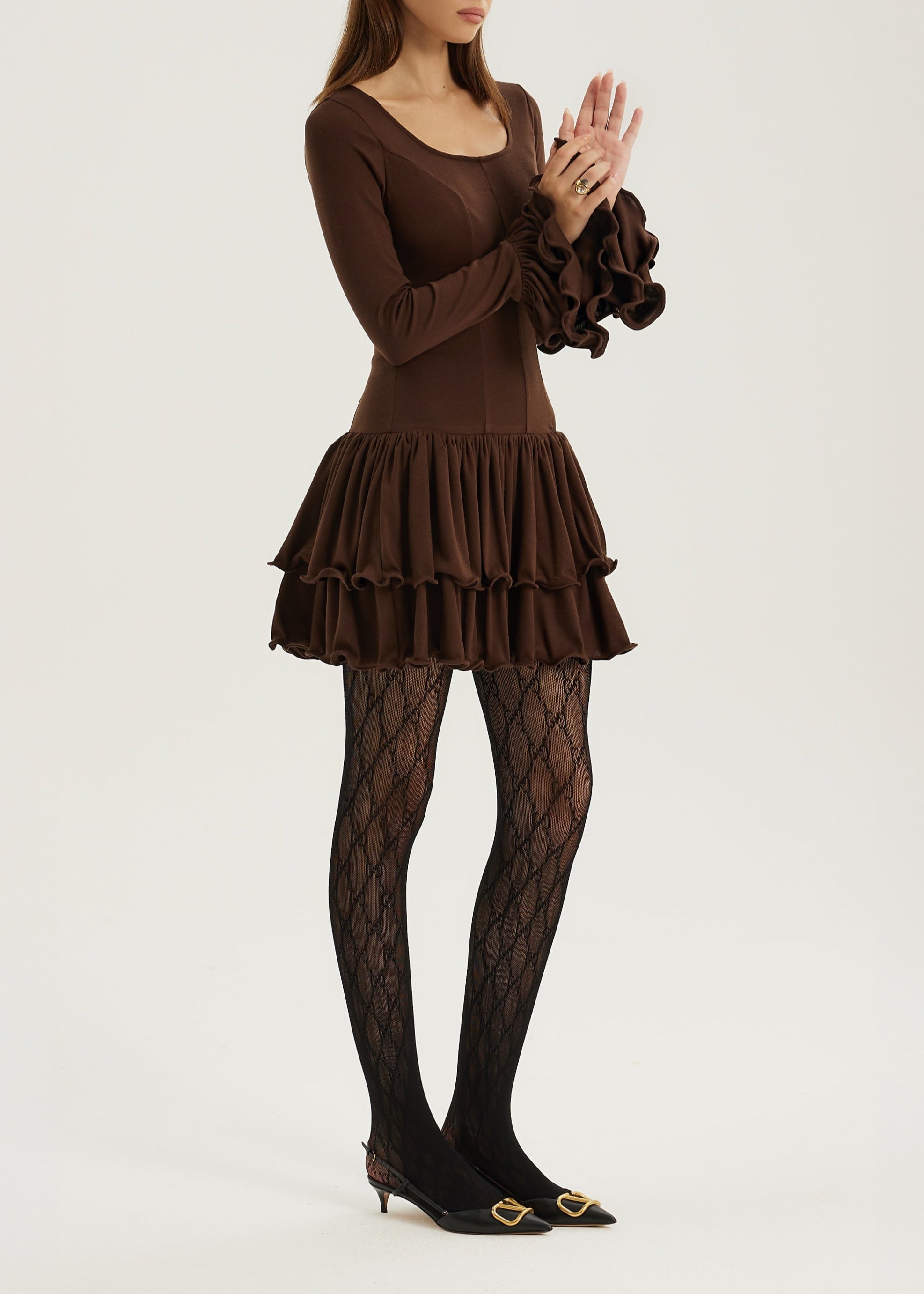 Karolina Jersey Ruffle & Frill Elevate Dress | Chocolate