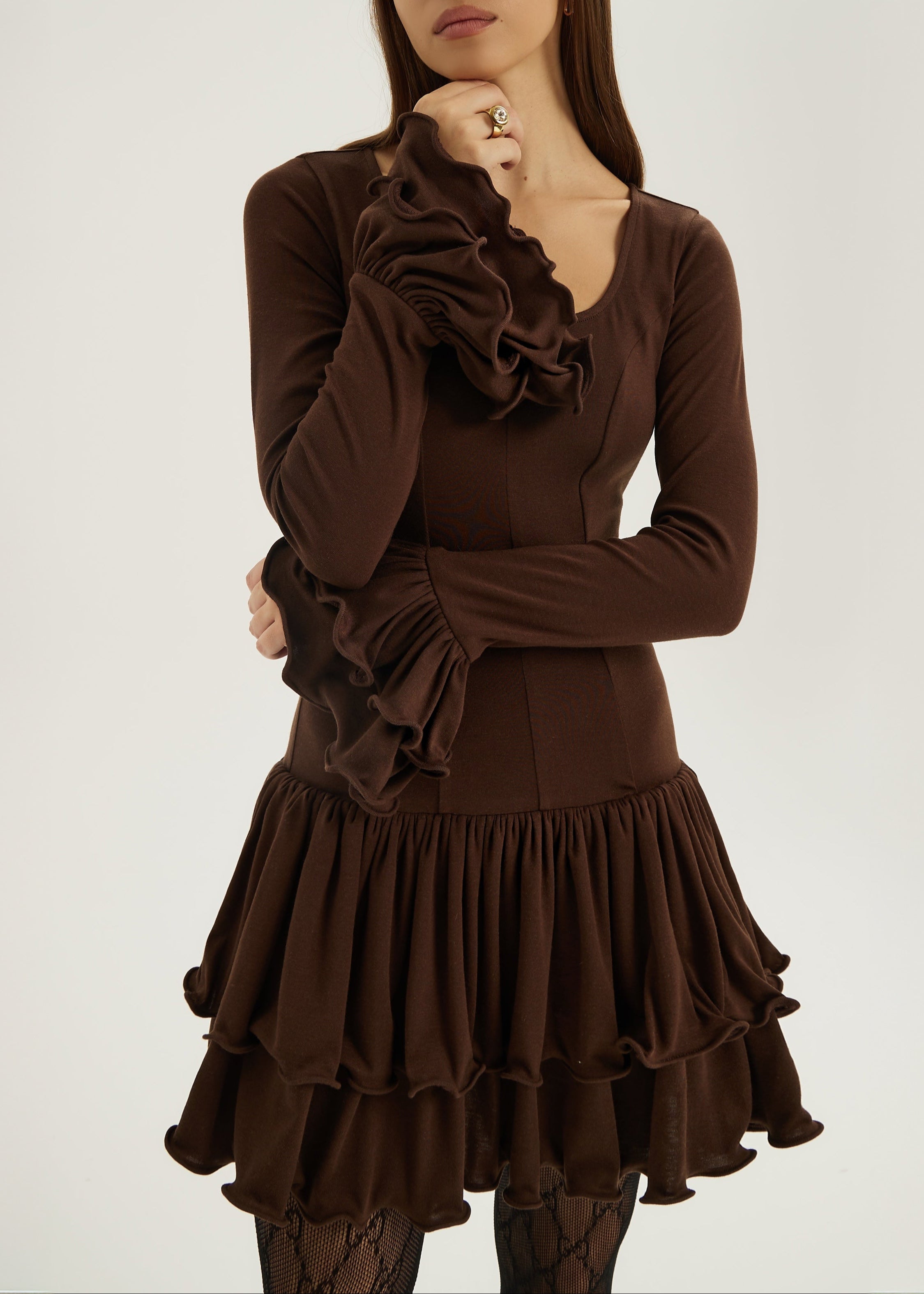 Karolina Jersey Ruffle & Frill Elevate Dress | Chocolate