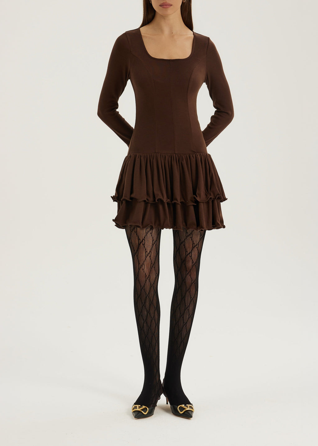 Karolina Jersey Ruffle & Frill Elevate Dress | Chocolate
