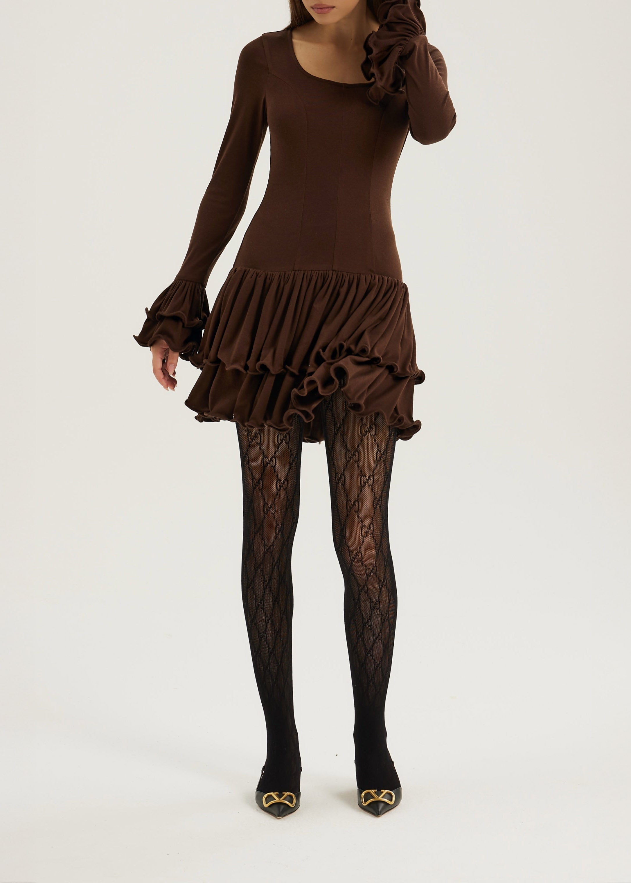 Karolina Jersey Ruffle & Frill Elevate Dress | Chocolate
