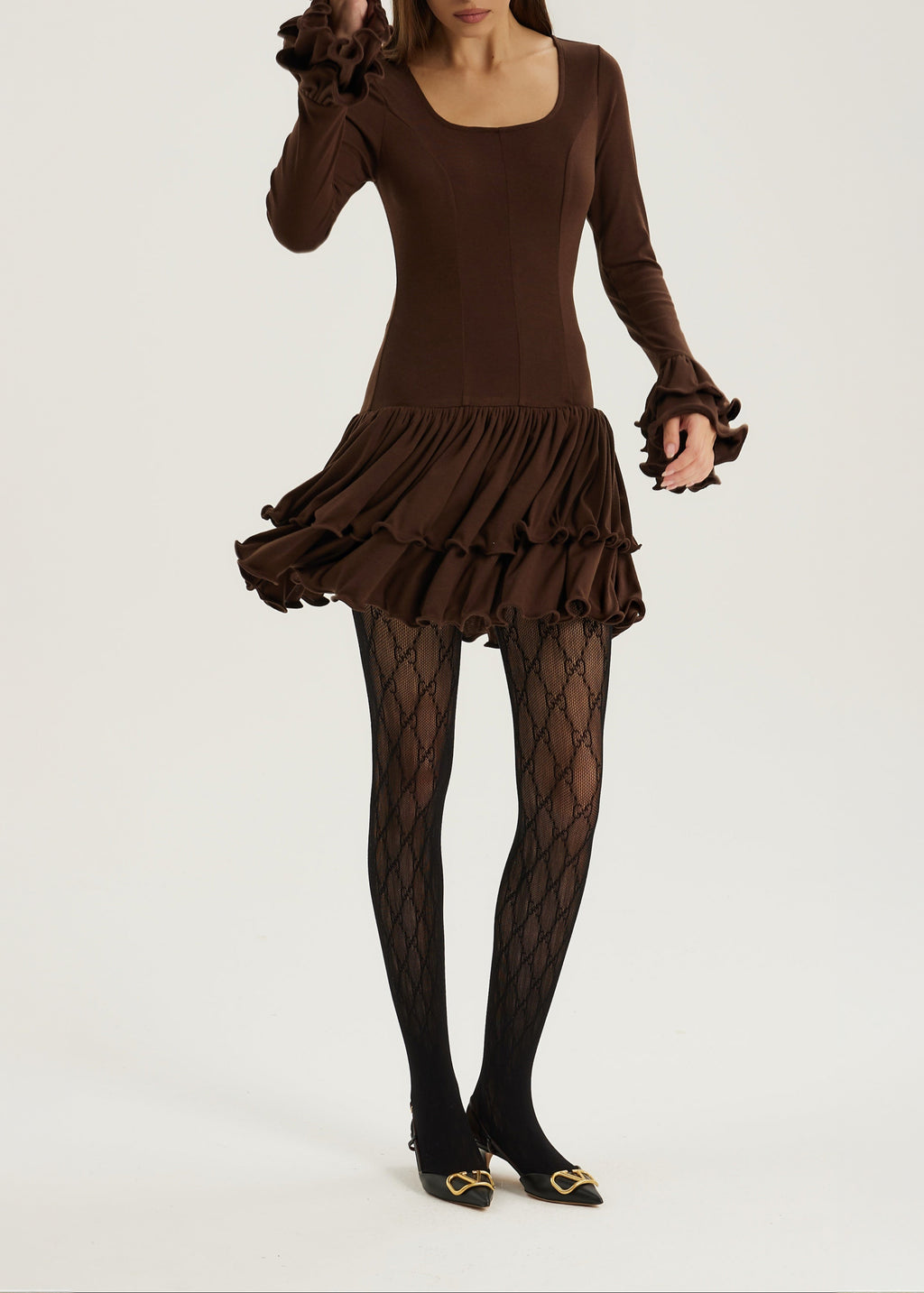 Karolina Jersey Ruffle & Frill Elevate Dress | Chocolate